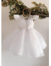 White Grid Lace Tulle V Back Short Flower Girl Dress